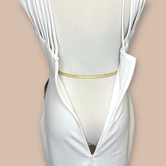 Dress The Population NWT Ivory Gwen Bodycon Midi Dress Strap Detail Stretchy M - Picture 7 of 14